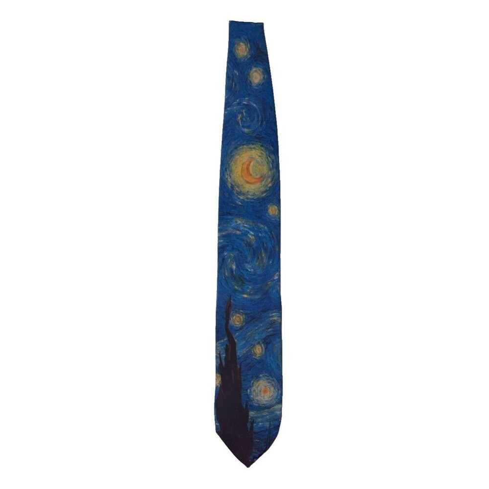 Starry Night Van Gogh Ralph Marlin Poly Tie Blue Yellow Floral Vtg 90s USA Mens